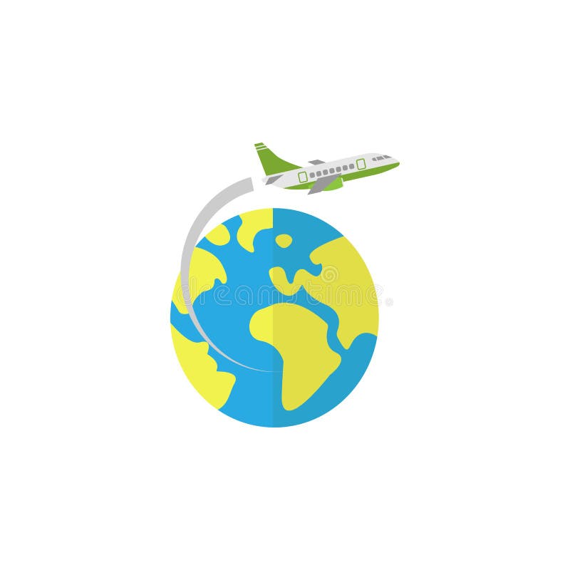 Airplane flying around earth flat icon