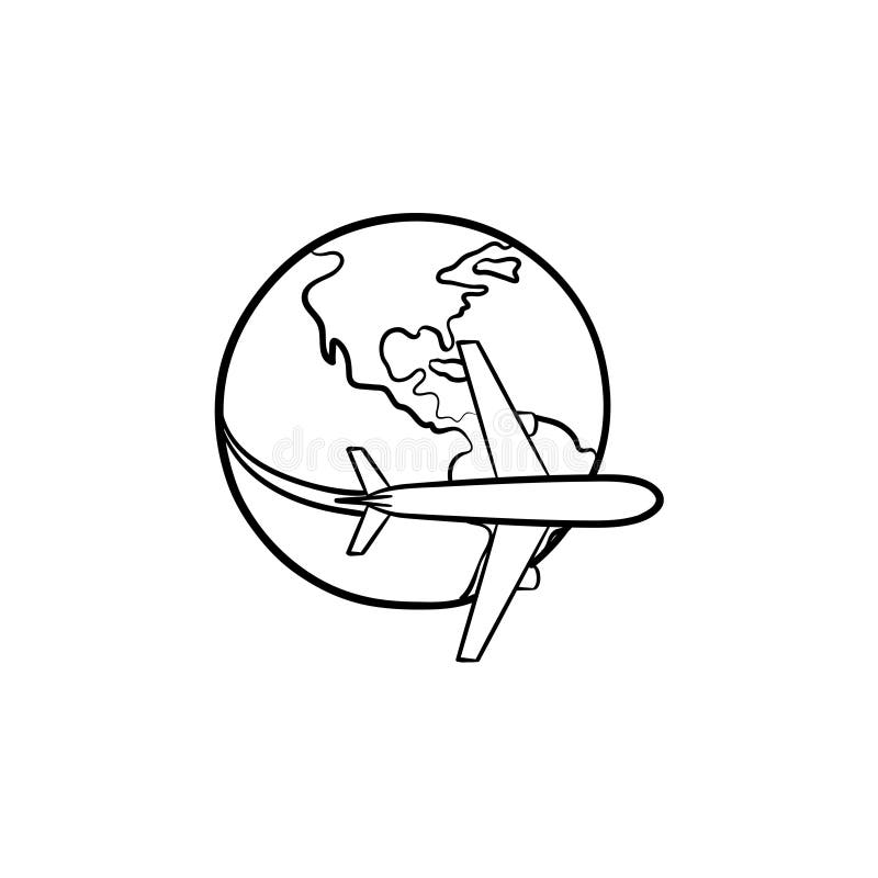 Airplane Flying Around the World Hand Drawn Outline Doodle Icon. Stock ...