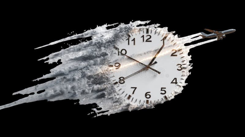Airplane flying leaving time trail from dissolving clock face on transparent background stock illustration
