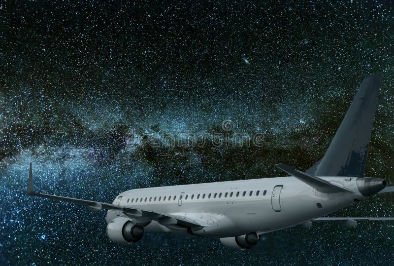 Airplane Flying at Night. Milky Way Galaxy Stock Photo Image of space