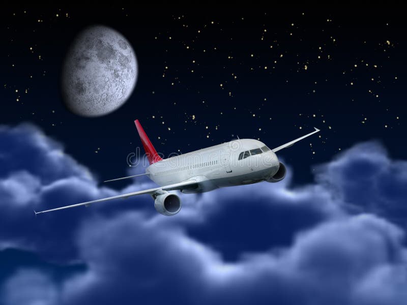 Airplane flying in the night sky