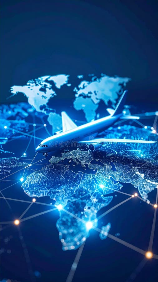 Airplane flying over global network connections concept travel and technology fotos de stock royalty free