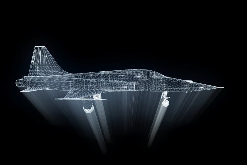Airplane in Hologram Wireframe Style. Nice 3D Rendering royalty free illustration