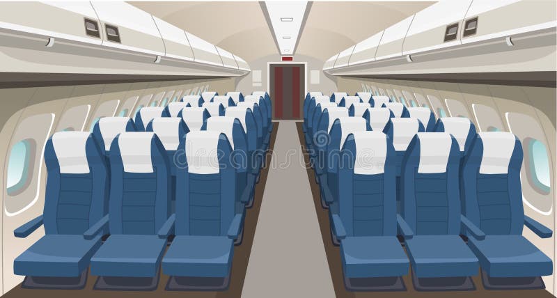 Airplane interior design. Passenger airplane seats, portholes and lights. Aircraft salon indoor interior. Airplane vector interior