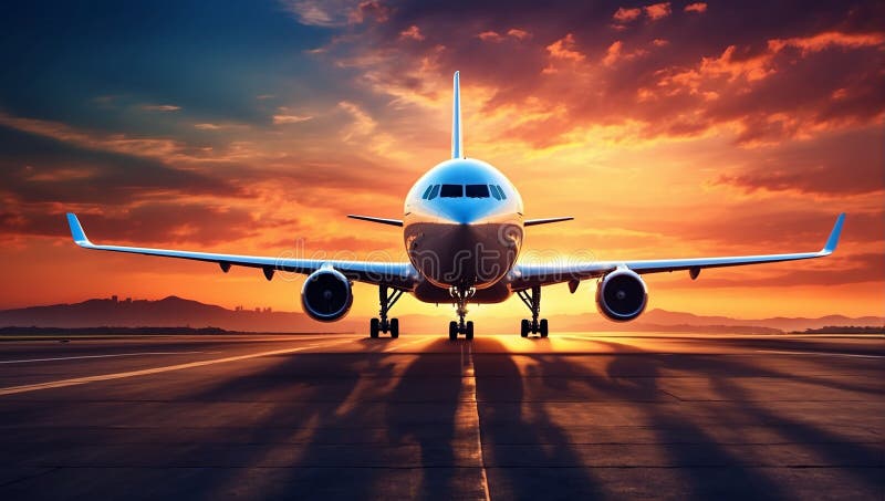 Airplane Landing at Airport at Sunset Stock Illustration - Illustration
