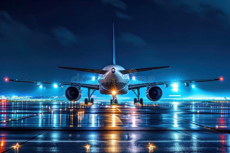 Airplane Lands On A Wet Runway While It Is Night Time Stock Image airplane-lands-on-a-wet-runway-while-it-is-night-time-stock-image
