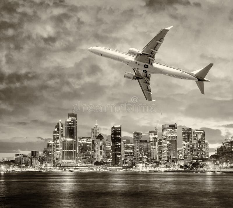 Airplane leaving Sydney. Travel concept stock photography Airplane leaving Sydney. Travel concept stock photography