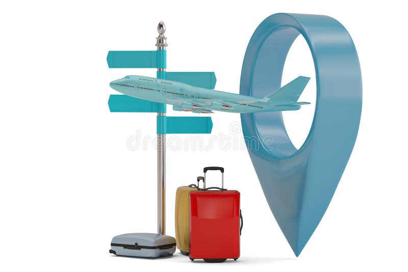 Airplane in map point and suitcase 3D illustration vector illustration