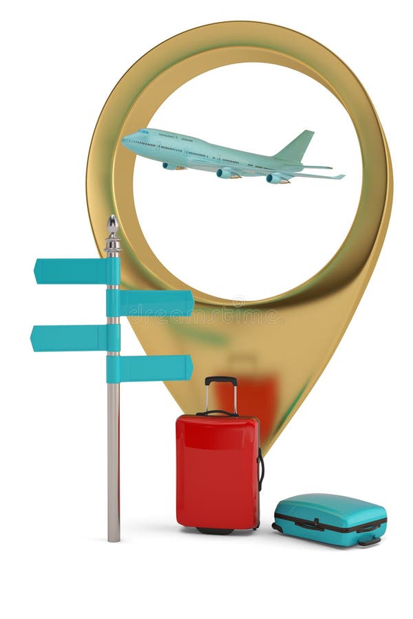 Airplane in map point and suitcase 3D illustration royalty free illustration