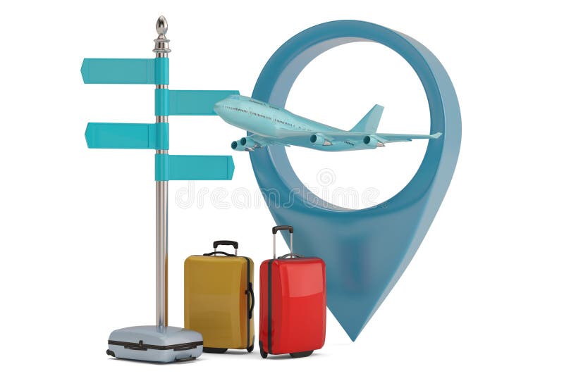 Airplane in map point and suitcase 3D illustration vector illustration