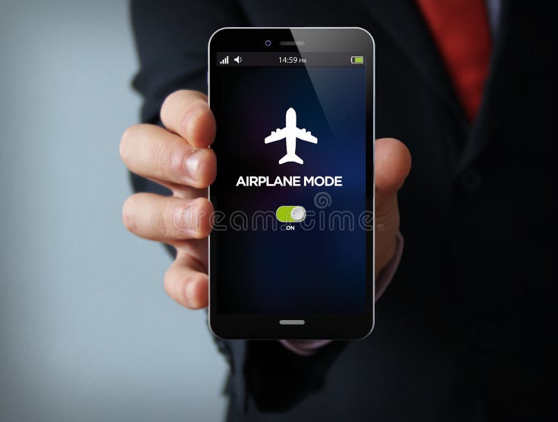 new technologies concept: businessman hand holding a 3d generated touch phone with airplane mode on the screen. Screen graphics are made up. new technologies concept: businessman hand holding a 3d generated touch phone with airplane mode on the screen. Screen graphics are made up.