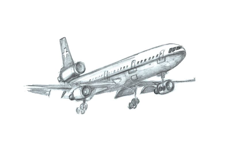 Airplane in the Sky. Hand Drawn Pencil Illustration Stock Illustration