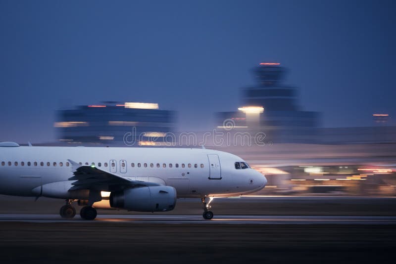 Airplane during take off on airport runway