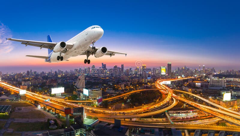 Airplane Take Off Over the Panorama City at Twilight Scene Stock Image ...