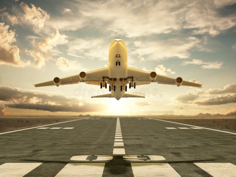 Airplane taking off at sunset vector illustration Airplane taking off at sunset vector illustration