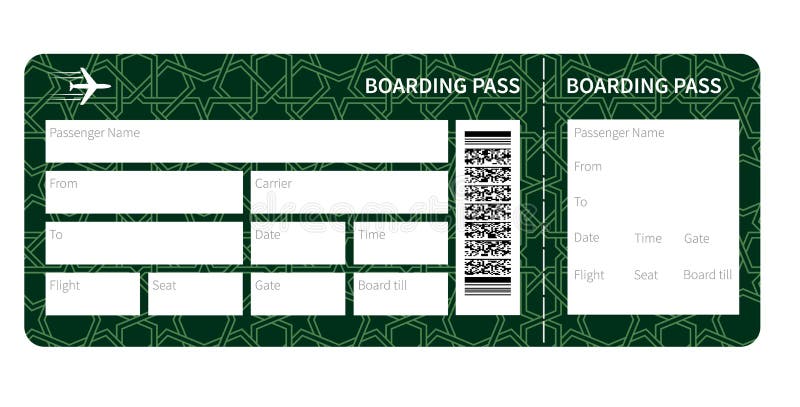 Airplane ticket blank. Green boarding pass isolated on white background. Vector illustration