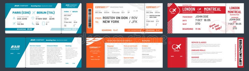 Airplane tickets. Airline ticket template with passenger name, aircraft trip flying tickets. travelling departure plane ticket, aircraft travel card vector illustration set. Airplane tickets. Airline ticket template with passenger name, aircraft trip flying tickets. travelling departure plane ticket, aircraft travel card vector illustration set