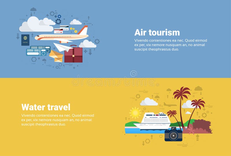 Airplane Transportation Air Tourism, Water Travel Cruise Web Banner