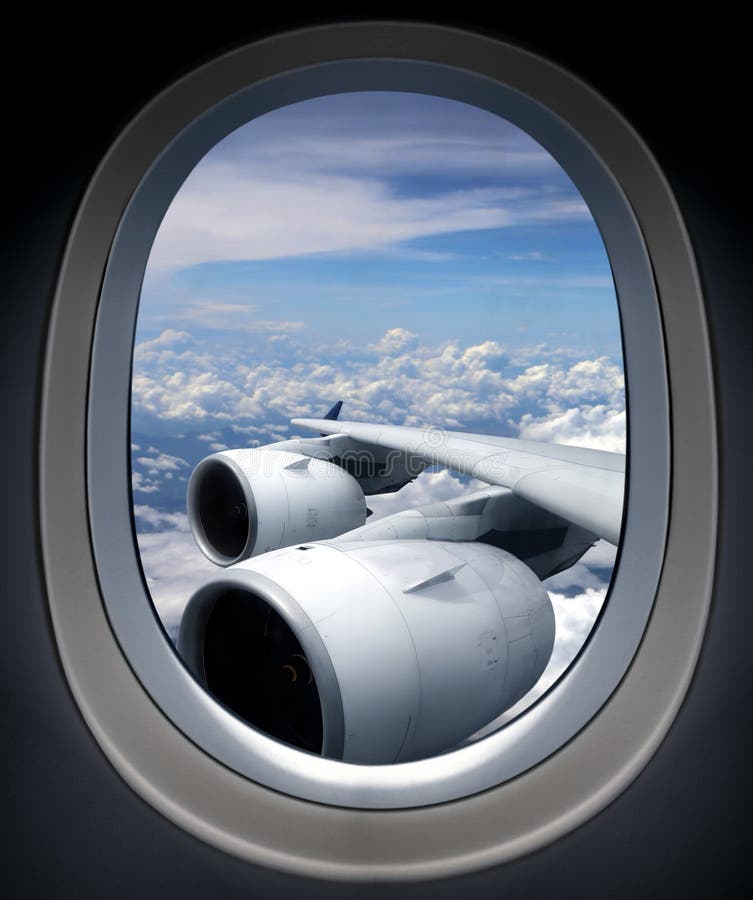 Airplane turbine engine from window view angle