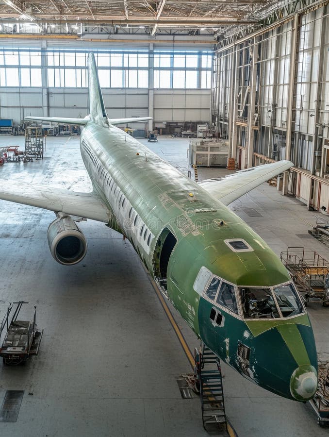 Airplane inside large hangar being painted in green during maintenance process in modern facility. Generative AI stock photo