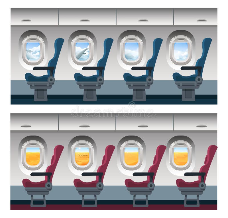 Airplane window view vector illustration, cartoon interior inside, trip viewing through porthole on cloudy sky landscape