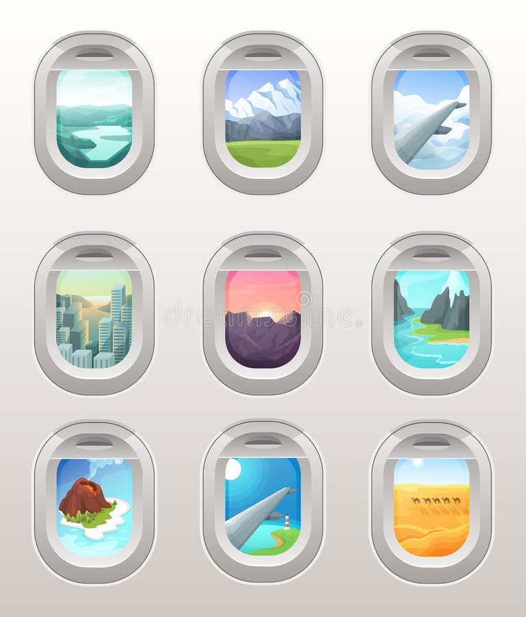 Airplane window view vector illustration set, cartoon interior plane inside, viewing through cabin porthole on trip