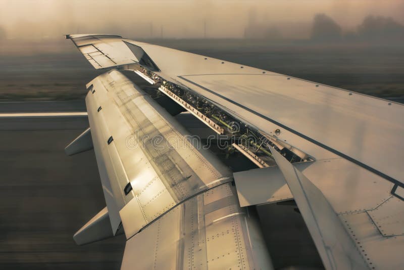 Airplane wings on landing stock image. Image of airplane 14840713