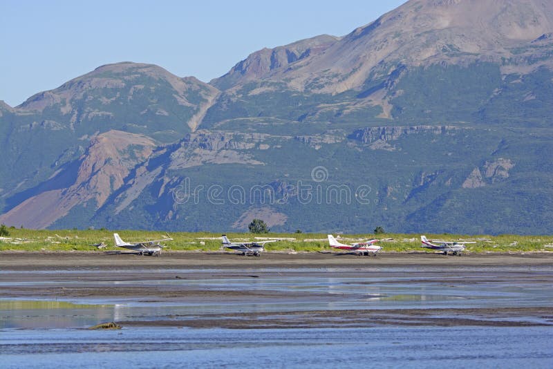 Airplanes Lined up on a Remote Shore