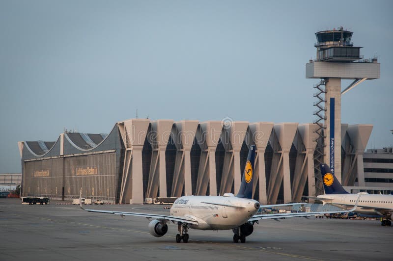 Airplanes of Lufthansa on the runway at terminal 1 of Frankfurt International Airport in Germany