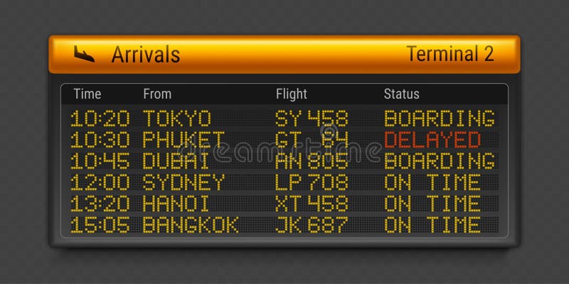 Airport board with flight arrival schedule. Vector realistic LED screen showing plane landing, delay time, destination info, terminal timetable, digital panel with travel information, airline service. Aircraft arrival sign vectors