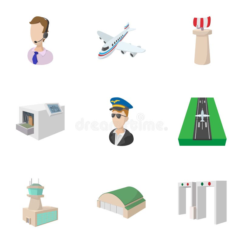 Airport icons set, cartoon style royalty free illustration Airport icons set, cartoon style royalty free illustration