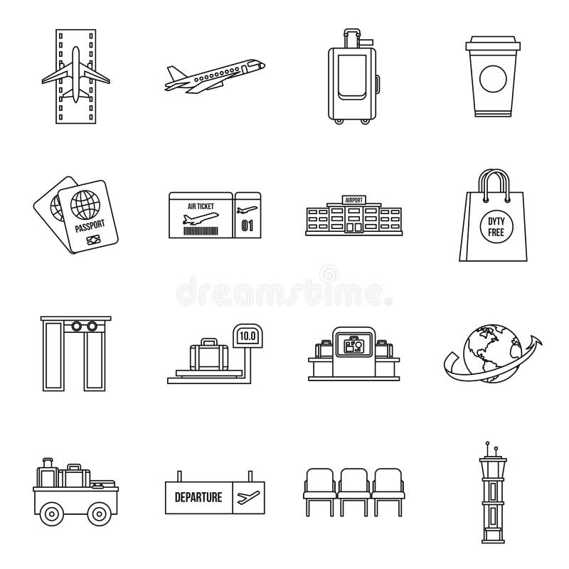 Airport icons set, outline style royalty free illustration Airport icons set, outline style royalty free illustration