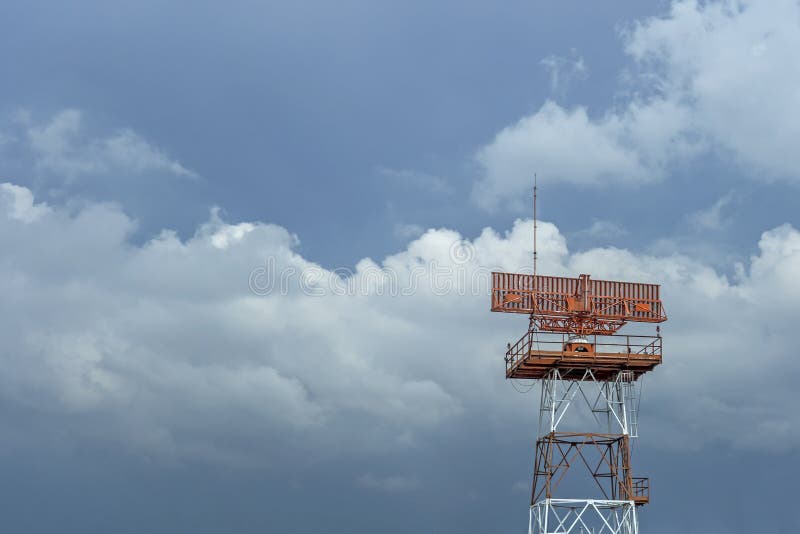 Airport Radar Redandwhite with Rain Clouds Background Stock Photo