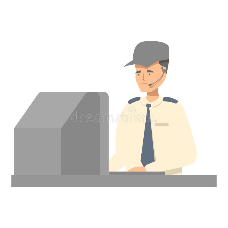 Airport security guard using computer and wearing headset vector illustration