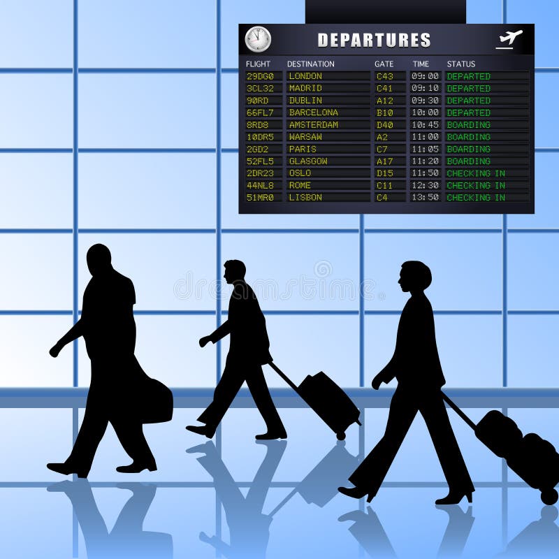 Airline passengers with luggage walking past a flight departures information board. Aircraft arrival sign vectors