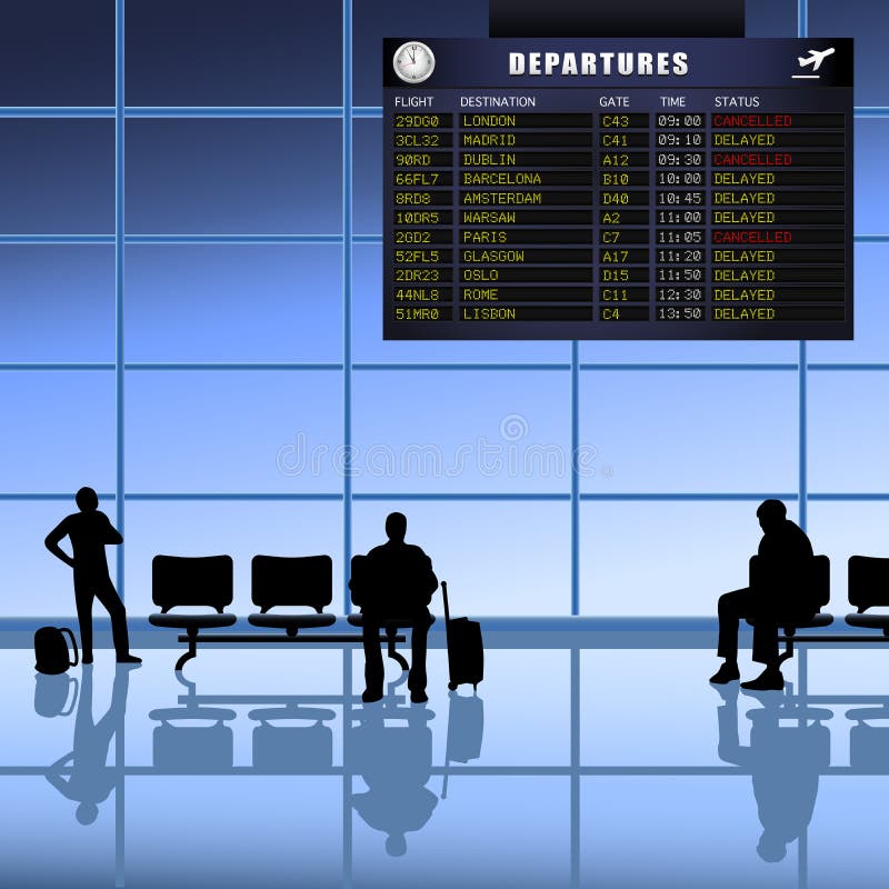 Airline passengers with luggage waiting for delayed flights to depart. Aircraft arrival sign vectors