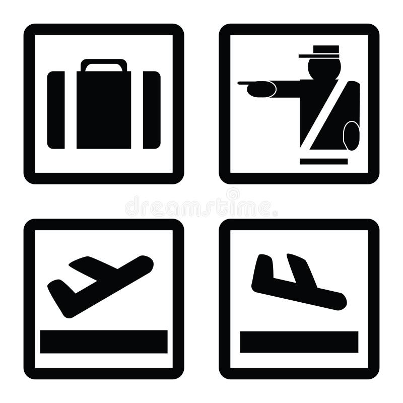 Collection of signs commonly used in airports: luggage claim, customs, departures and arrivals. Aircraft arrival sign vectors