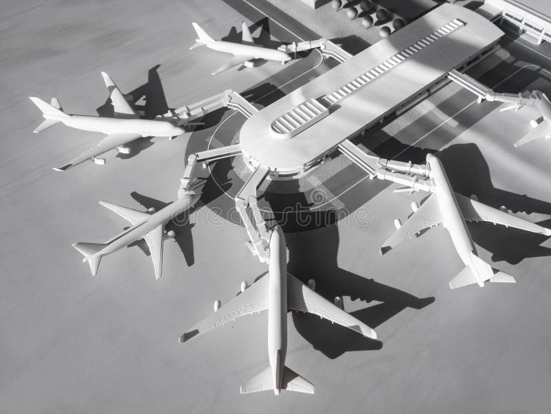 Model scale Airport terminal with aircraft on runway Transportation public building. Airline business stock images Model scale Airport terminal with aircraft on runway Transportation public building. Airline business stock images