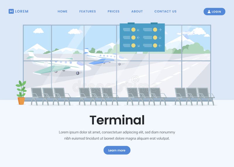 Airport terminal landing page flat template vector illustration Airport terminal landing page flat template vector illustration