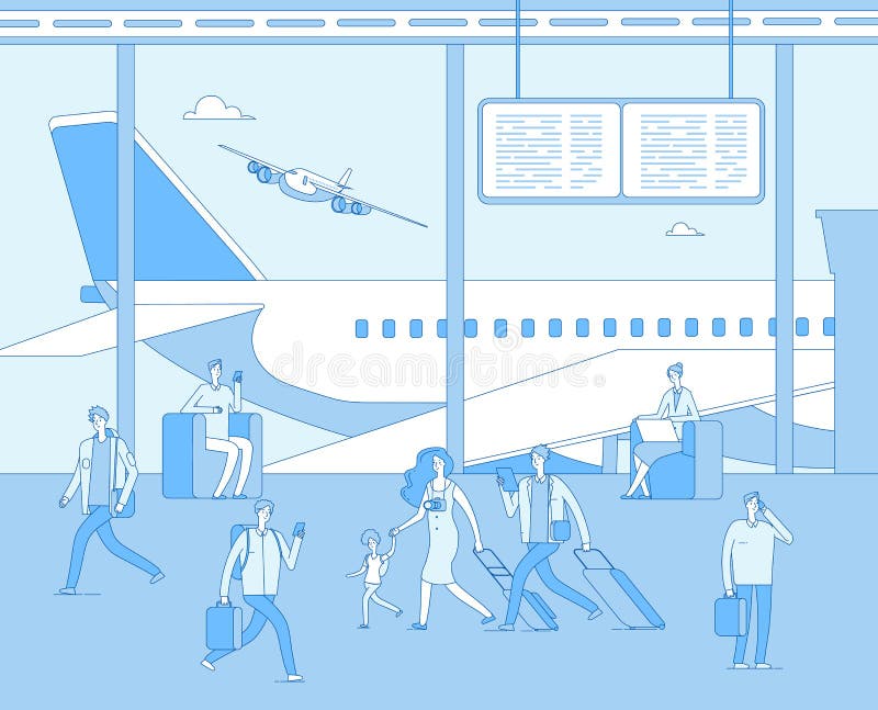 Airport terminal. People inside airfield airport. Man woman passenger in comfort lounges. Departure plane scoreboard royalty free illustration Airport terminal. People inside airfield airport. Man woman passenger in comfort lounges. Departure plane scoreboard royalty free illustration