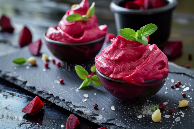 Airwhipped beetroot mousse on slate with garnish royalty free stock images