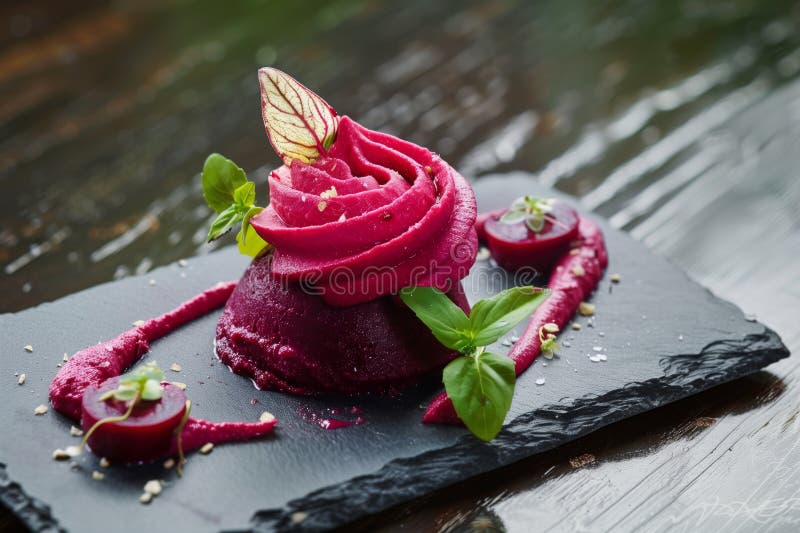Airwhipped beetroot mousse on slate with garnish, created with generative ai AI generated