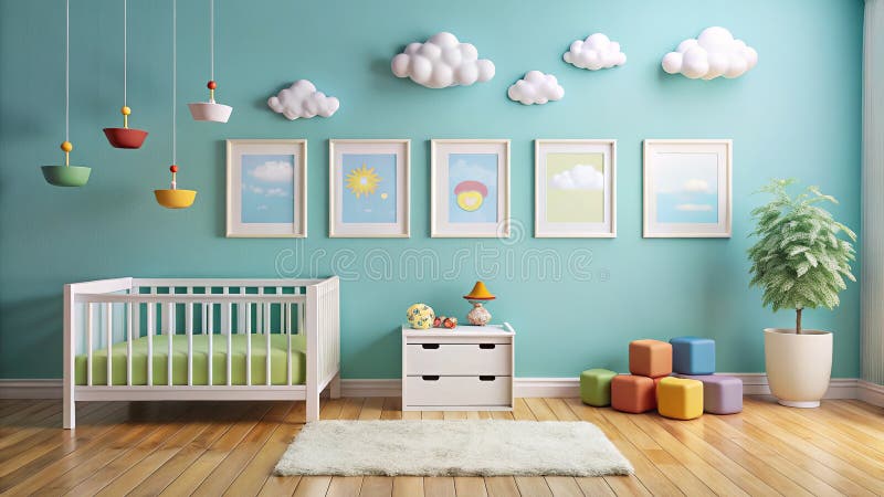 Airy Inspiring минималистский дизайн питомника облачная тема с деревянной игрушки коробки фреймов дизайн Вдохновение для иллюстрация штока
