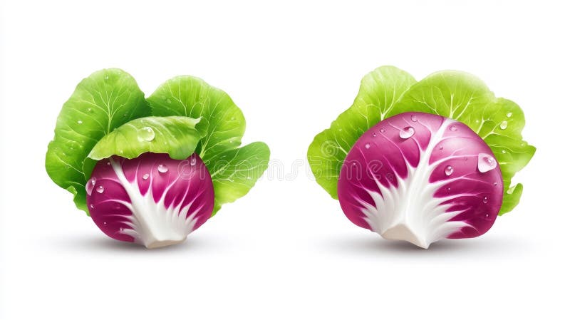 Aislamiento de radicchio fresco y cabezas de lechuga stock de ilustración