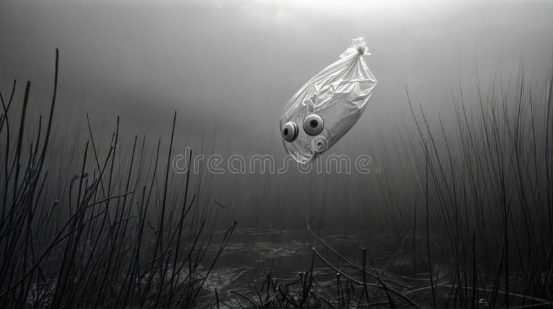 Ai生成了海中漂浮塑料袋单色照片的插图 库存例证