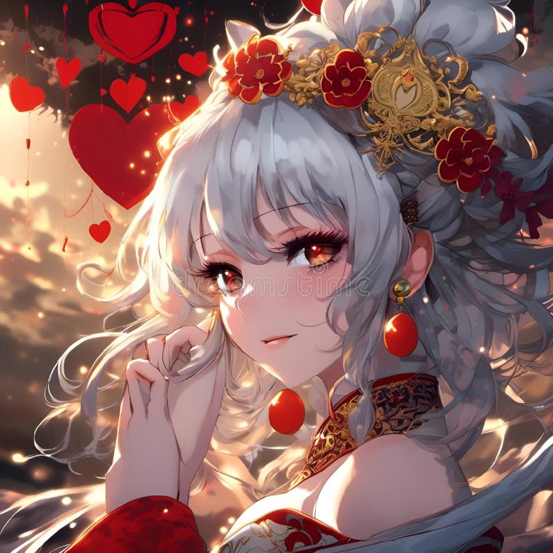 AI绘制的插图描绘了一个红眼白发、红花的动画女孩 向量例证