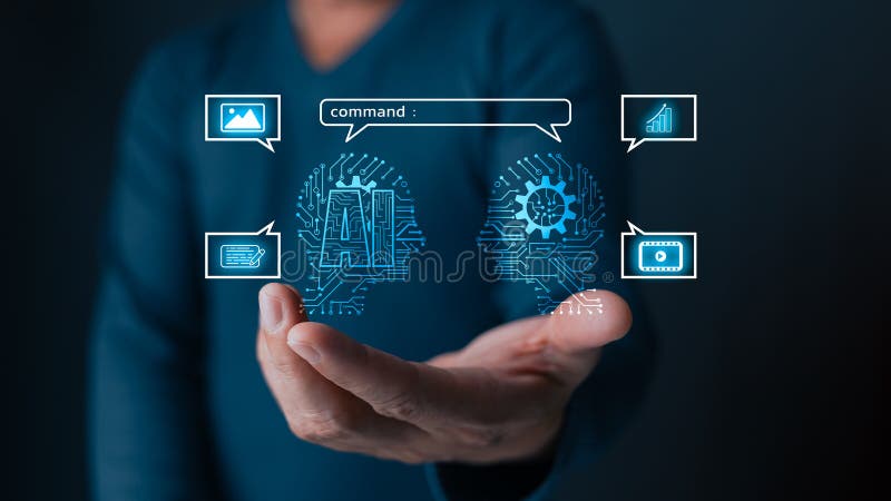 AI自动聊天机器人生成内容概念创建。数字人工智能技术，教育，研究，媒体分析 库存照片