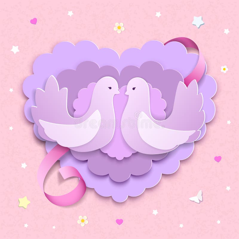 Ajouter de colombe aux coeurs 3D de papier posés et au ruban rose Fond d'amour avec des fleurs, étoiles, papillons, coeurs illustration libre de droits Ajouter de colombe aux coeurs 3D de papier posés et au ruban rose Fond d'amour avec des fleurs, étoiles, papillons, coeurs illustration libre de droits
