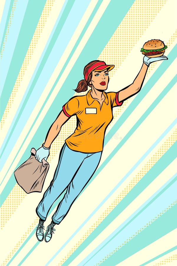 Ajuda do super-herói do voo da entrega do fast food de Burger da empregada de mesa ilustração do vetor Ajuda do super-herói do voo da entrega do fast food de Burger da empregada de mesa ilustração do vetor