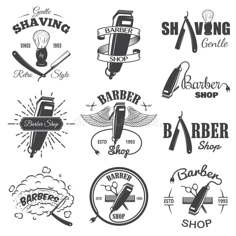 Segundo conjunto de emblemas vintage de barbearia. ilustração do vetor